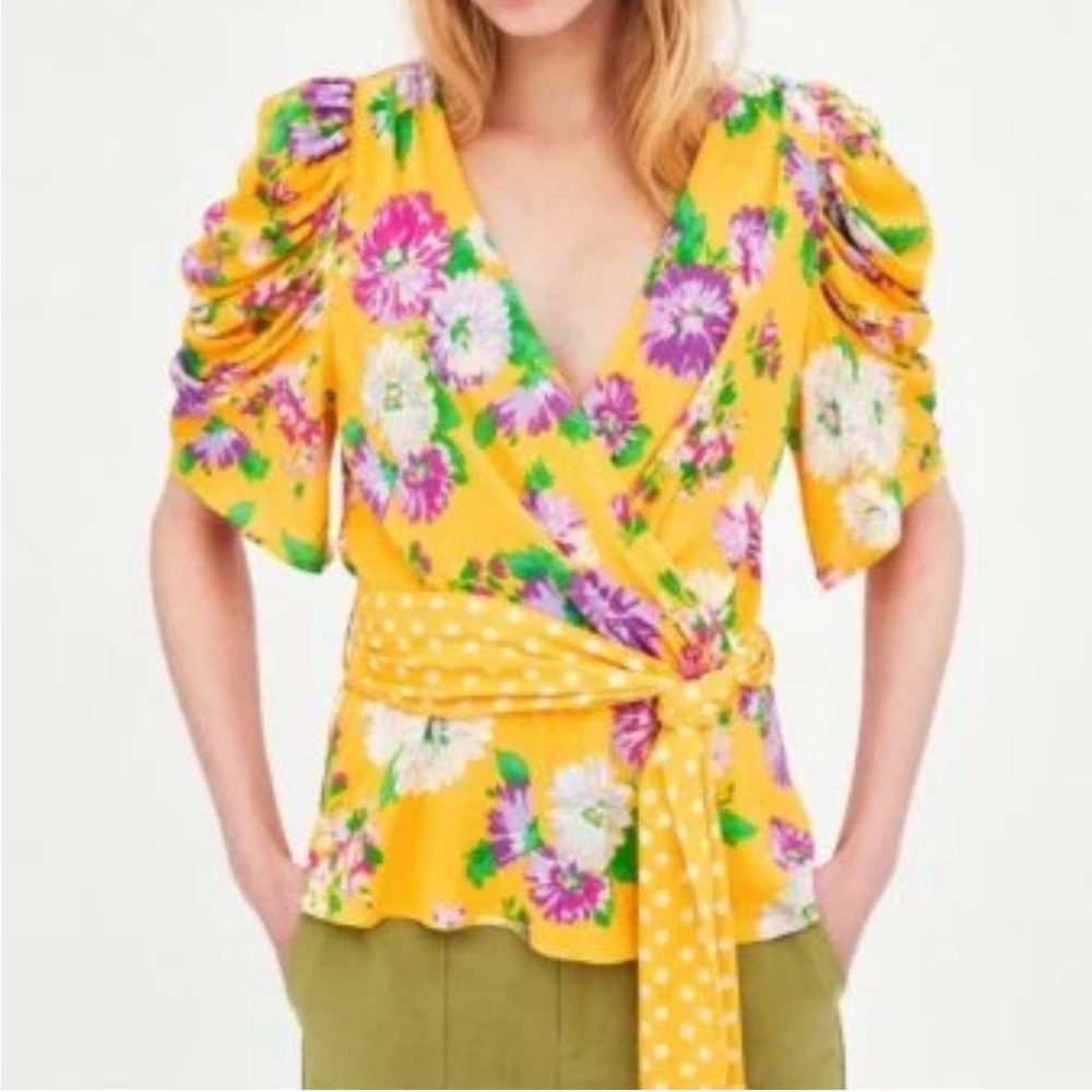 Zara Yellow Floral Wrap Top with Puff Sleeves